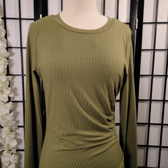 NWT And Now This Solid Olive Long Sleeve Mini Dress Side Cinched Size Medium - Picture 2 of 6